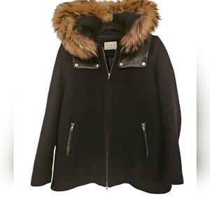 Sandro fur trimmed wool jacket,Leather detailing very dark blue removable hood M
